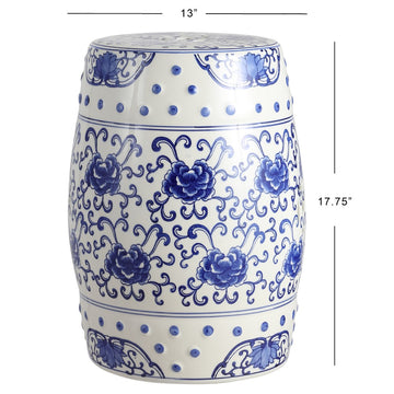Lotus Flower 17.8" Chinoiserie Ceramic Drum Garden Stool - JONATHAN Y